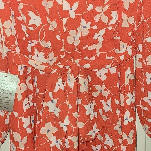 ELIZA J Tie Waist Floral Print Crew Neck 3/4 Sleeve A-Line Pebble Crepe Dress - Picture 7 of 8